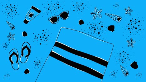 Animated-summer-background-with-black-hand-drawn-beach-objects-on-blue