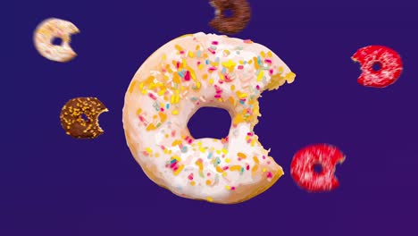 abstract colorful animation - bitten different donuts on violet gradient background - seamless loop. donut cartoon pop art style. vintage retro design. donut with satellites of donuts