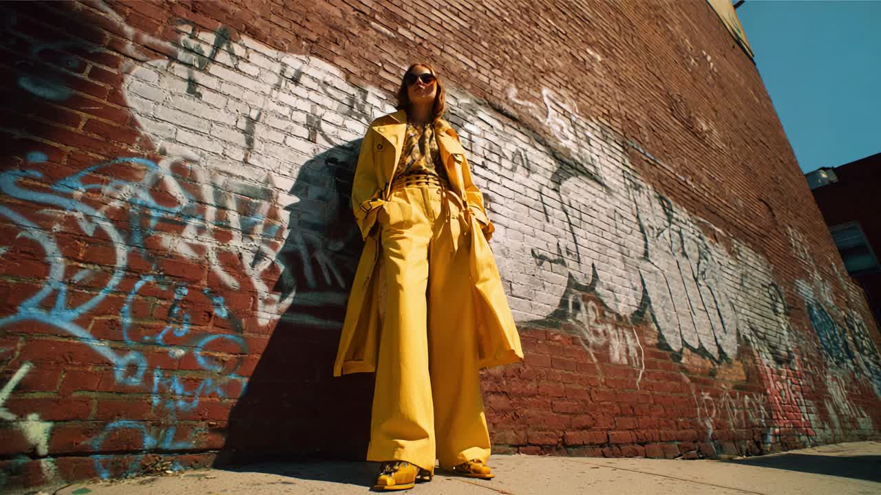 A vibrant fashion statement showcased by a confident model in a striking yellow ensemble positioned against a colorful graffiti wall, accentuating style and urban artistry in a lively street atmosphere