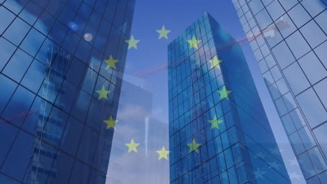 animation of flag of european union over fast motion crane with high rise buildings in modern city