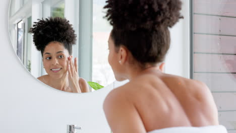 woman, skincare and bathroom mirror face check