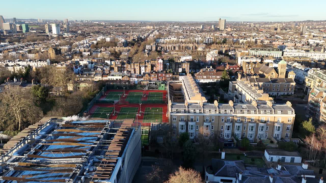 Tennis courts and houses Holland Park London UK drone,aerial