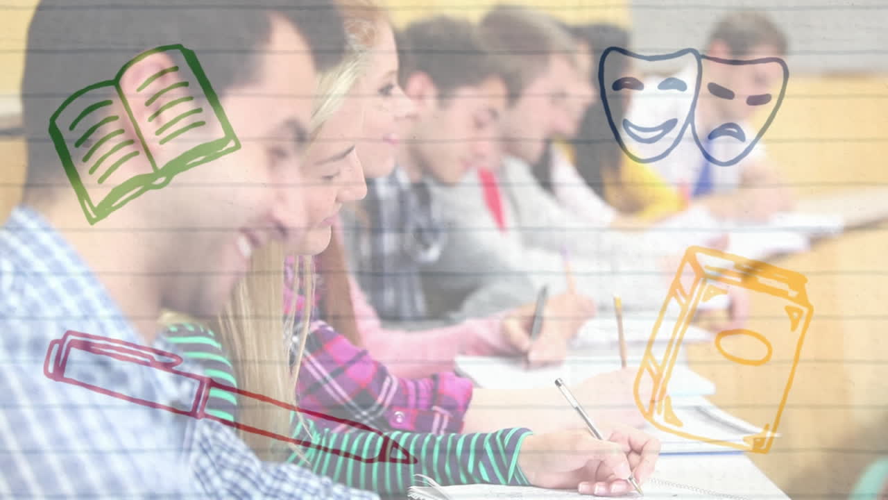 анимация значков школьных предметов над учениками в классе