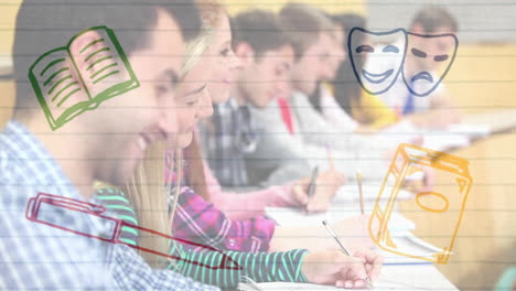 animación de los iconos de los artículos escolares sobre los estudiantes en el aula