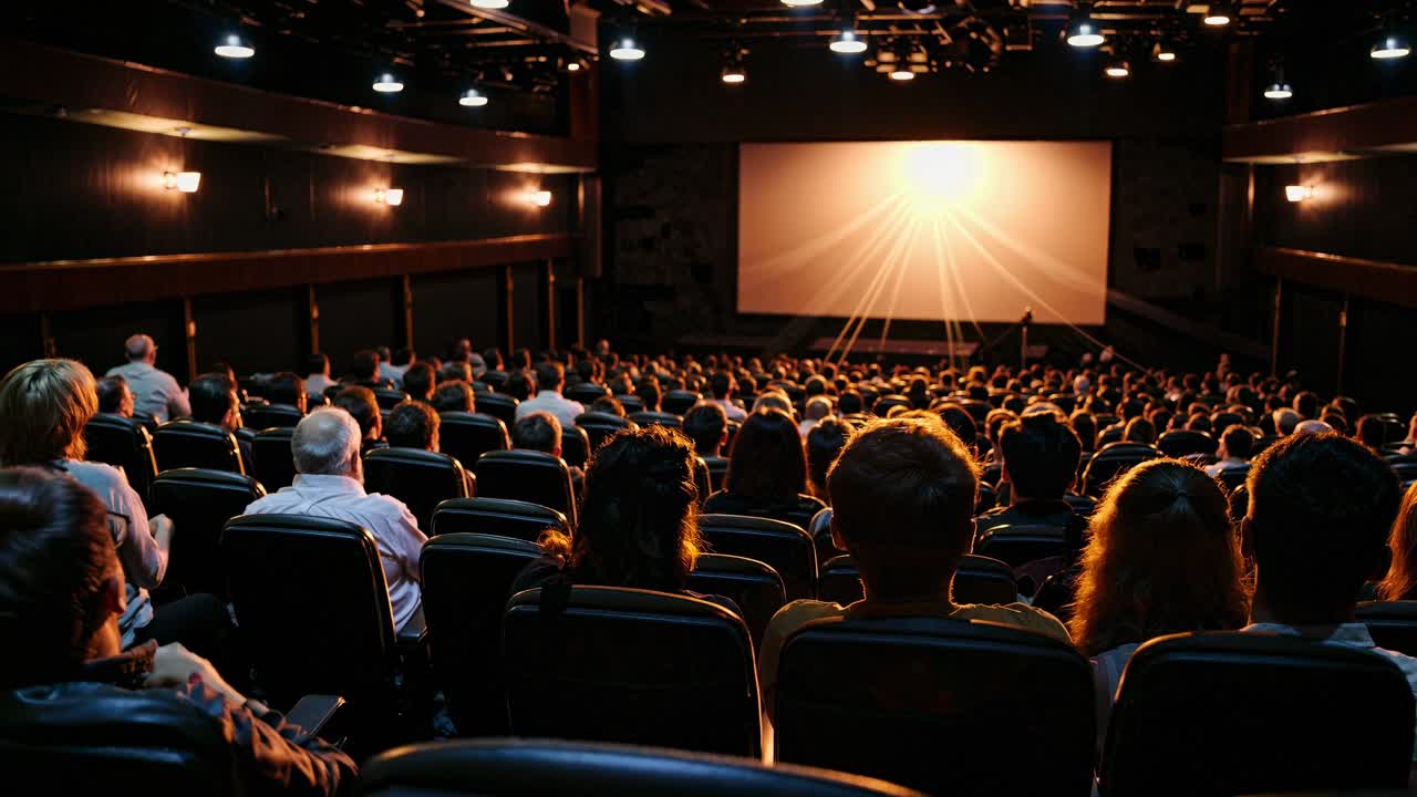 Toma de gran angular de un cine tenuemente iluminado con el aforo completo frente a una pantalla brillante.