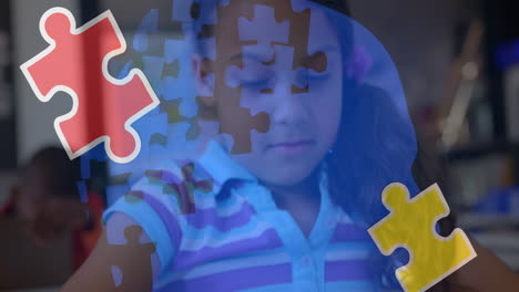 animation of puzzle pieces over biracial schoolgirlusing tablet