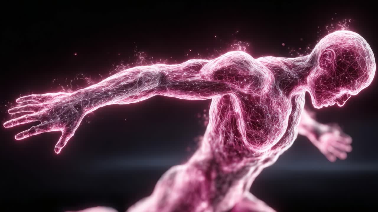 A Dynamic Representation of Energy in Motion: An Abstract Figure Glowing with Pink Light and Sparkles, Capturing the Essence of Movement and Vitality