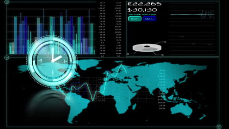 animación de un reloj que se mueve rápidamente sobre el procesamiento de datos y el mapa del mundo en la pantalla