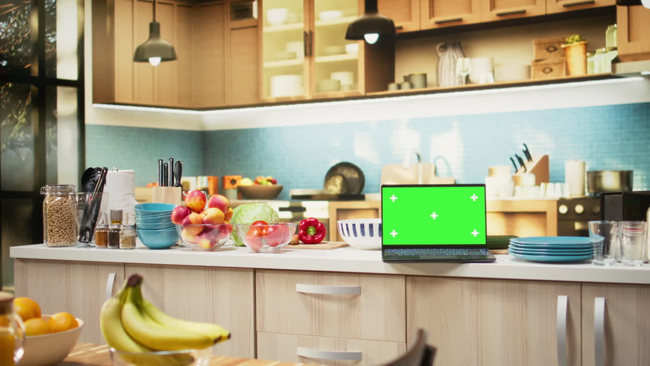 Green screen on laptop in the kitchen with rustic counter and elegant lighting
