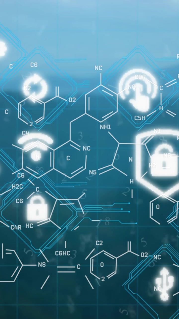 Animation of padlock icon and network of connections over blue background