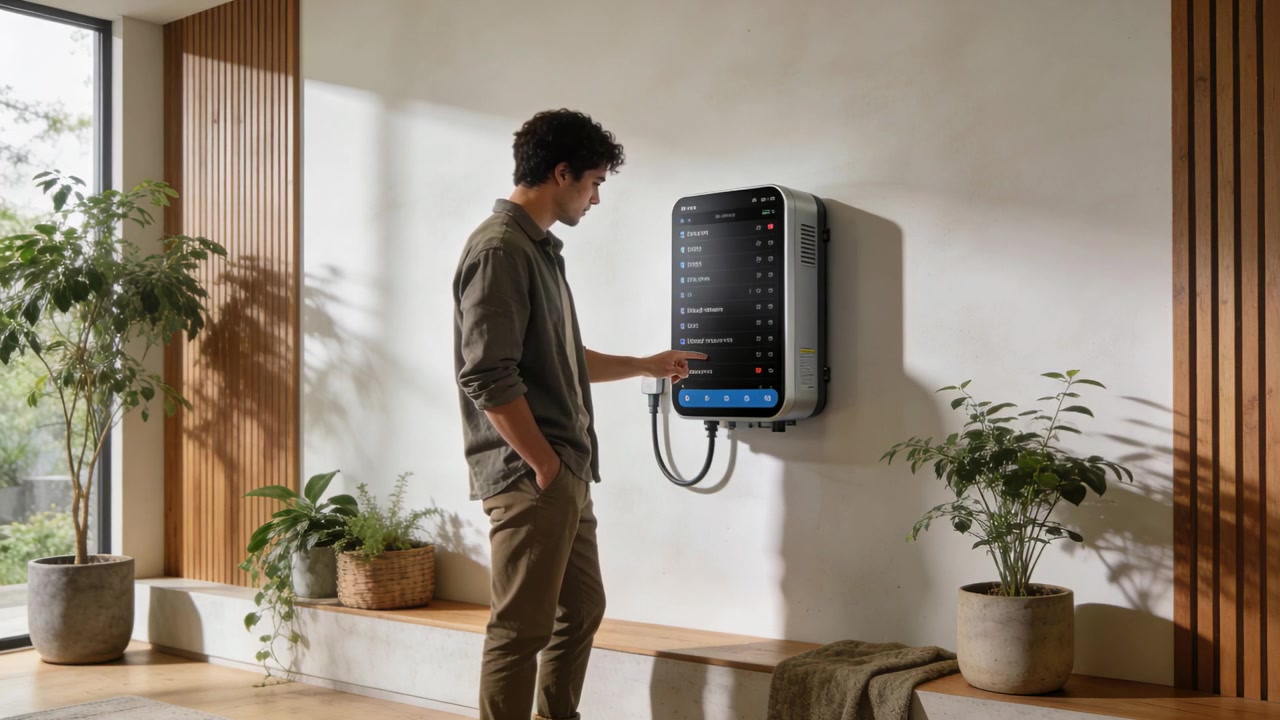 Touching charger LED, adult man wearing olive overshirt scrolling menu and adjusting charge at home
