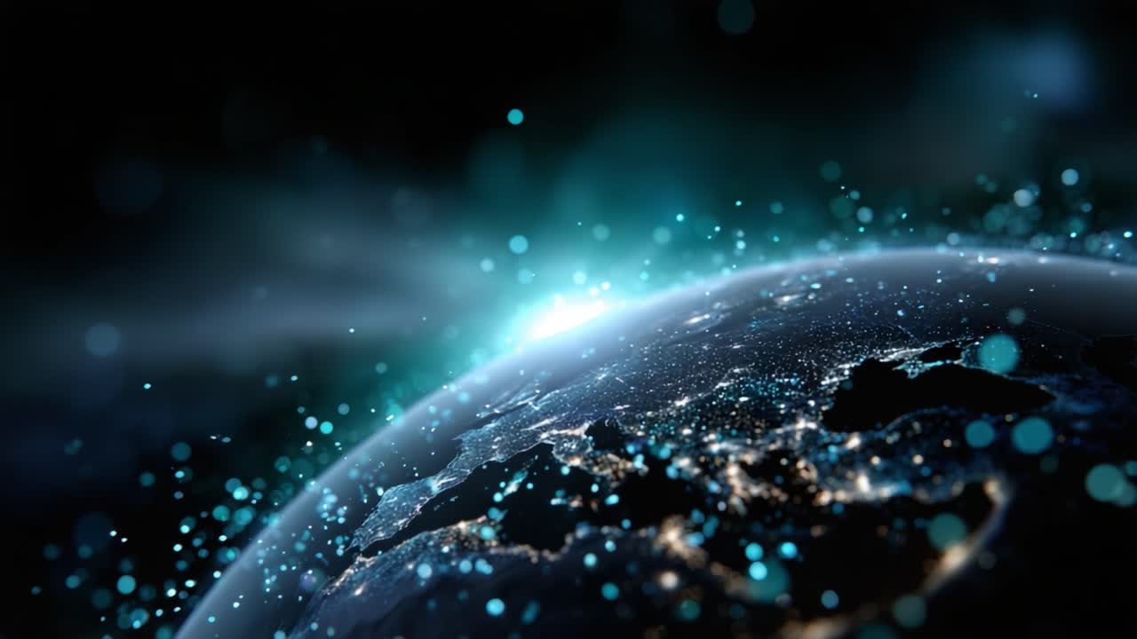 A Stunning Visual Display of Earth from Space Highlighting Nighttime Urban Lights and the Cosmic Atmosphere with a Sparkling Blue Glow and Radiant Stars