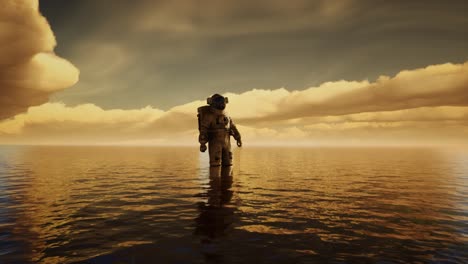 Spaceman-in-the-sea-under-clouds-at-sunset