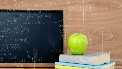 Animation-Eines-Bücherstapels-Und-Eines-Apfels-über-Mathematischen-Gleichungen-Und-Formeln