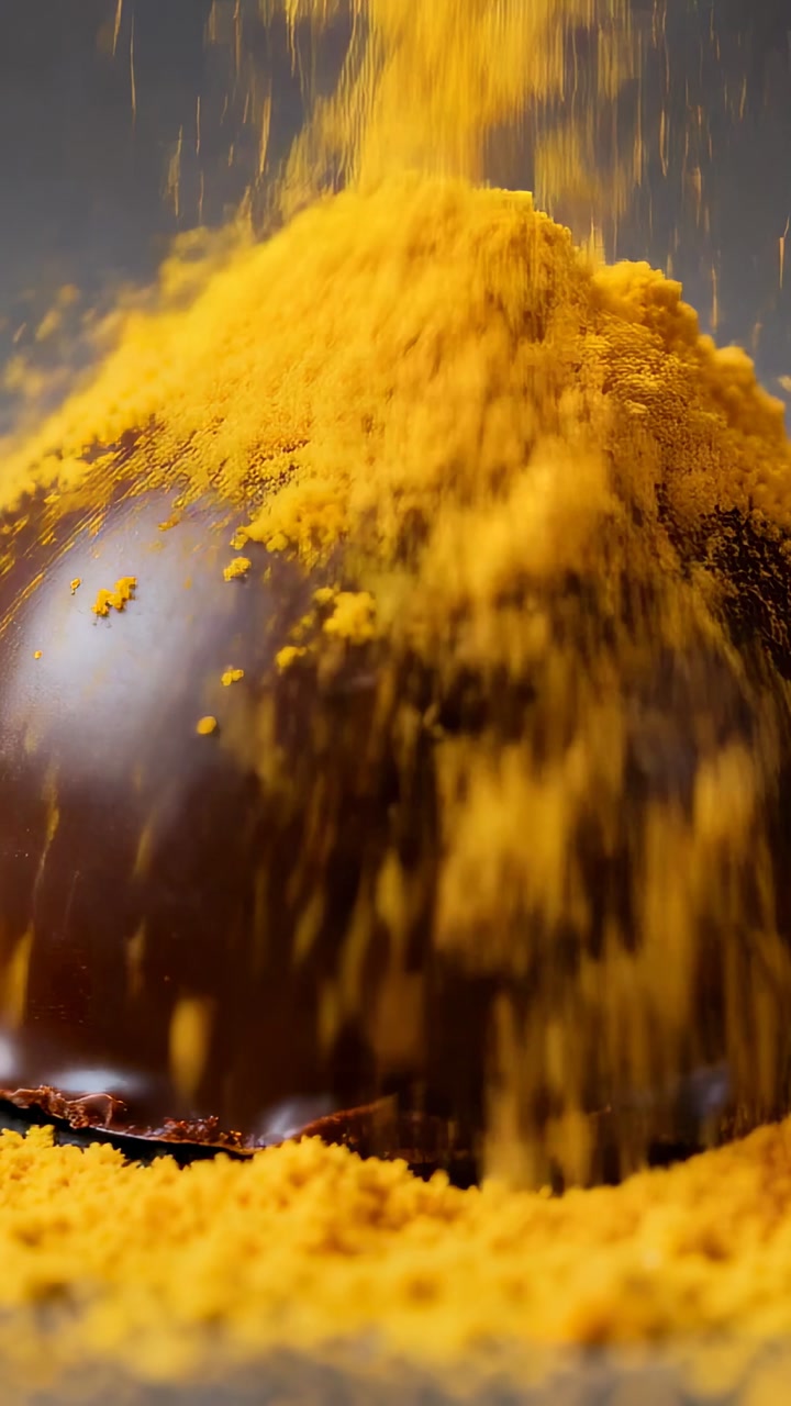 Vertical video: Glossy chocolate dome getting yellow powder poured above in food shoot, decorating
