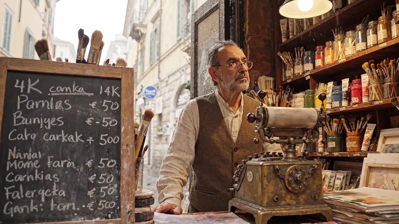 Charmosa Loja de Artesanato: Um Artesão Trabalhando em uma Vitrine Vintage Rodeado por Ferramentas e Suprimentos, Oferecendo Criações Artesanais Únicas aos Transeuntes.