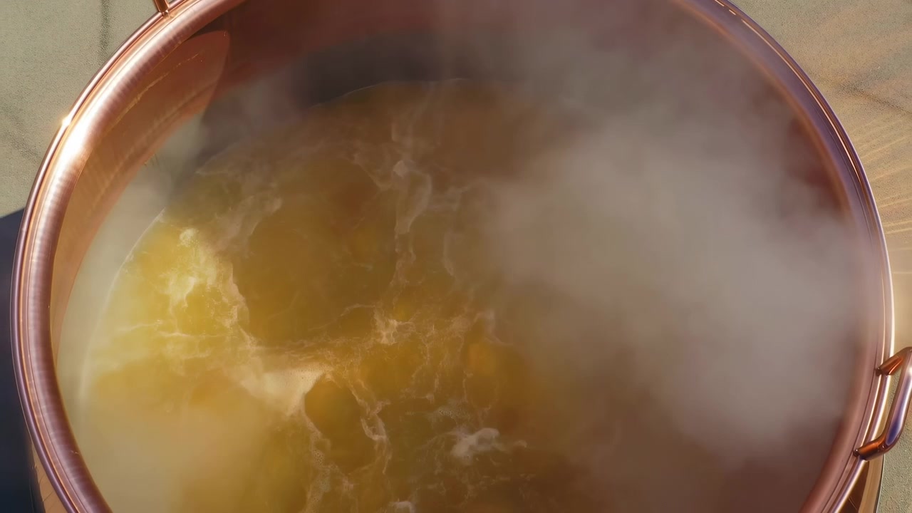 Top view of a large copper pot filled with hot golden liquid, with visible steam rising above a sandy surface under warm sunlight and soft shadows