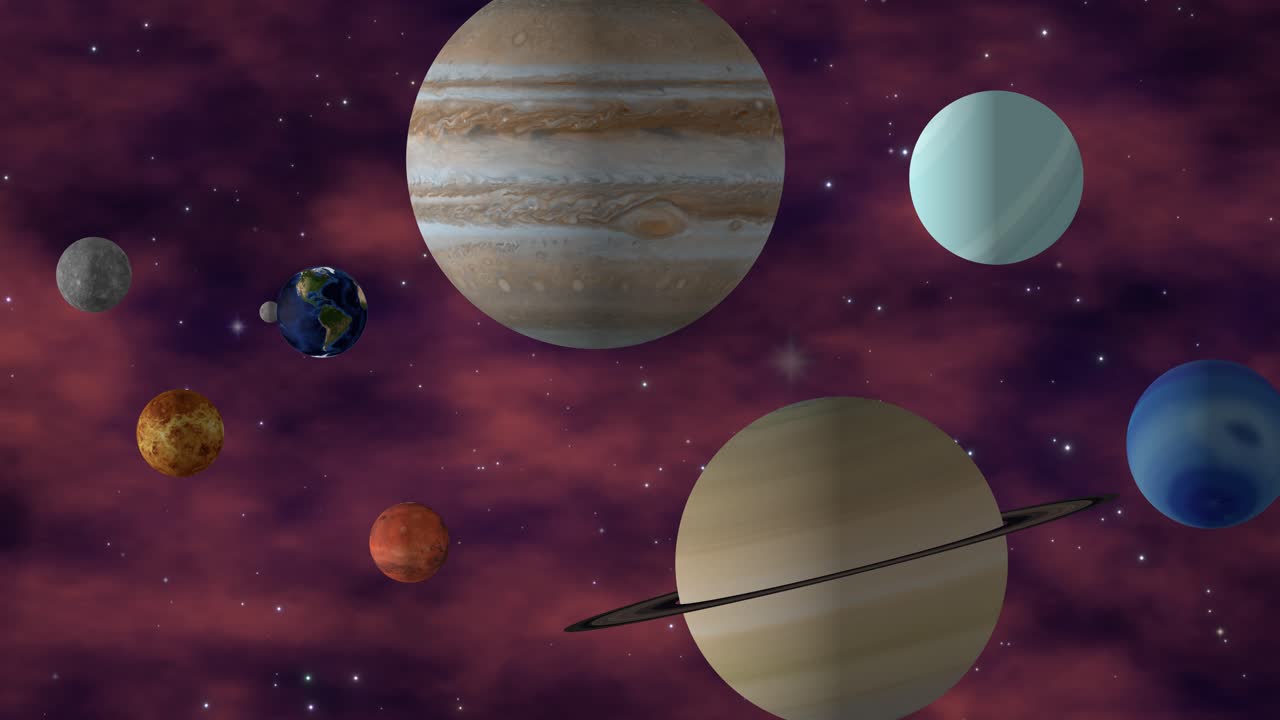 Planets including Earth, Jupiter, and Saturn rotate and orbit within a purple cosmic nebula