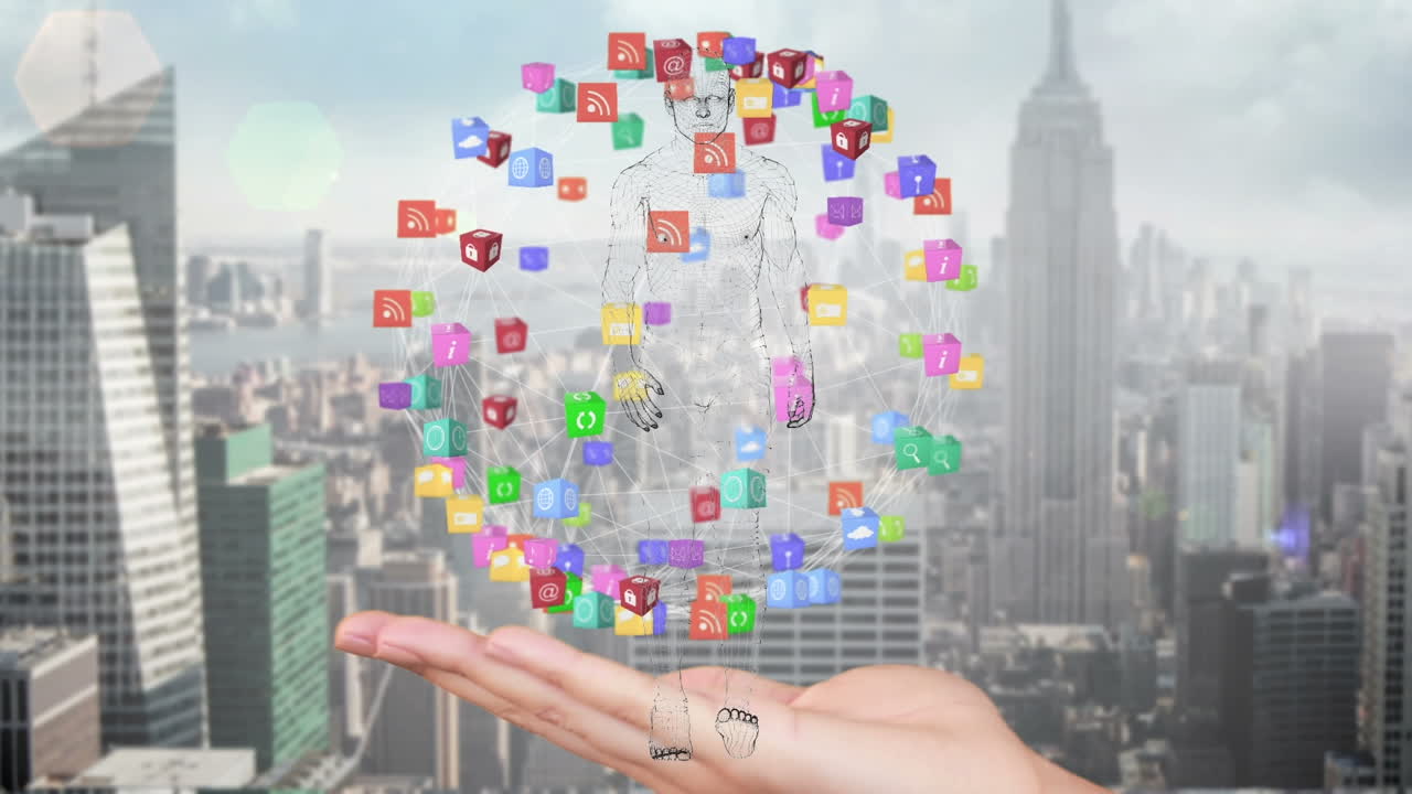 미디어 아이콘의 애니메이션과 디지털 인간이 도시 풍경 위에