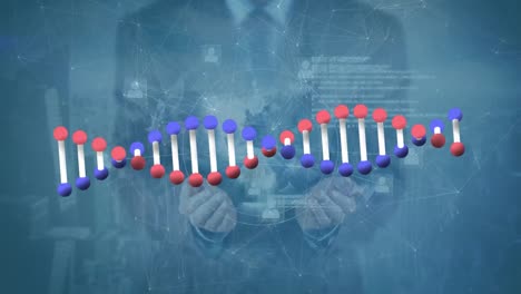 Animation-Des-DNA-Strangs,-Scannen-Des-Zielfernrohrs-Mit-Globus,-Geschäftsmann-Und-Verbindungen