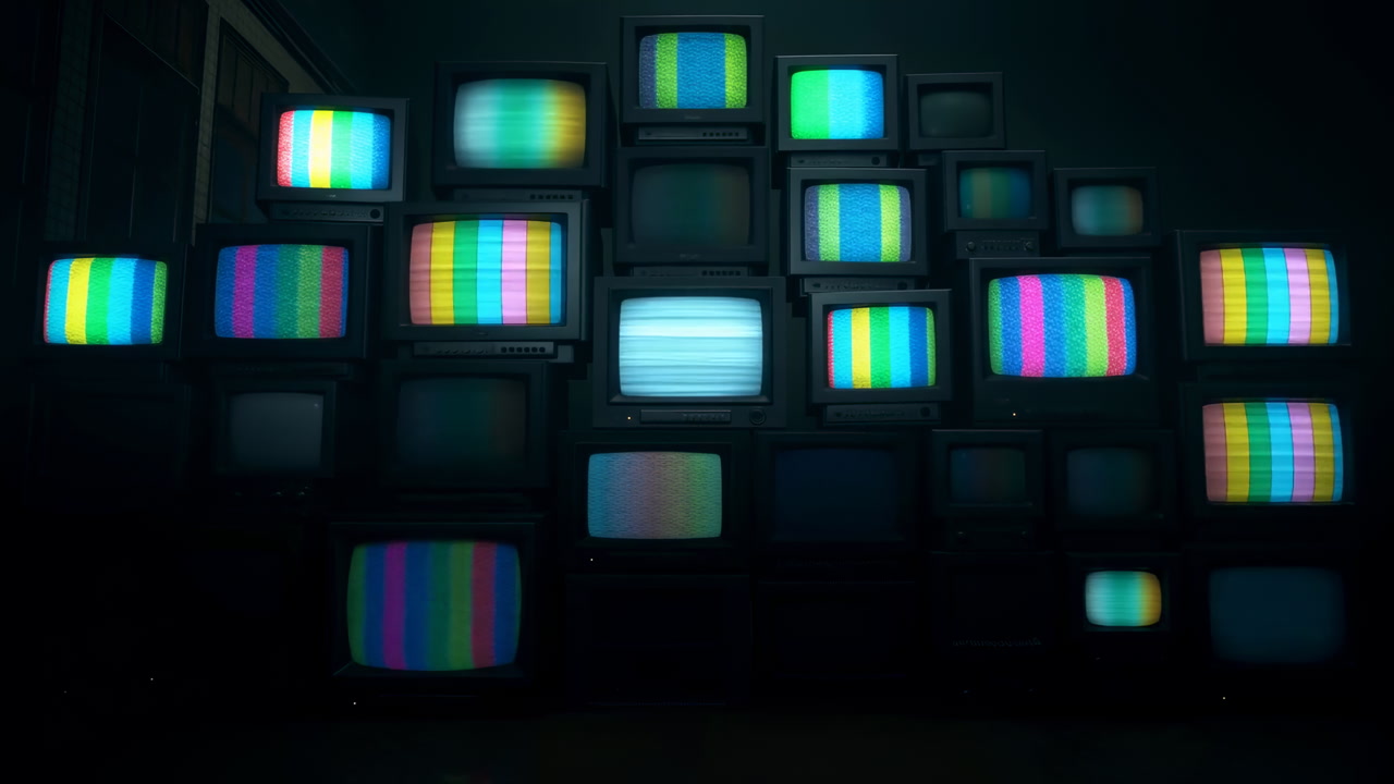 Stacked Vintage Televisions Showing Color Bars In Dark Studio, Glowing CRT Screens With Flicker And Static,