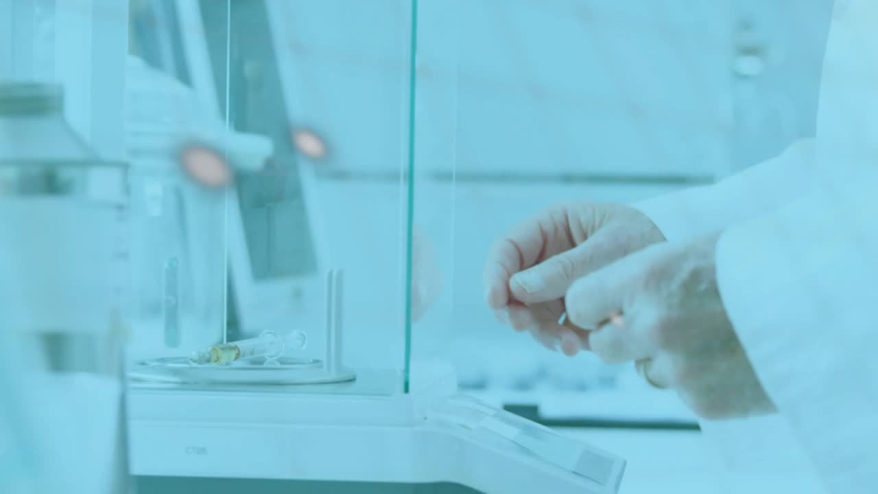 Senior lab tech reaching part on bench, aligning to gauge for test, overlays animating around hands