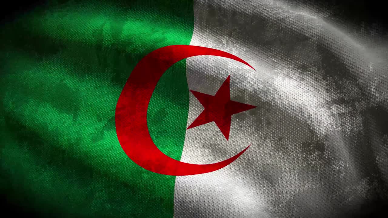 60FPS dark grunge Algeria flag  with shabby fabric texture waving, UHD 4k 3d seamless looping animation