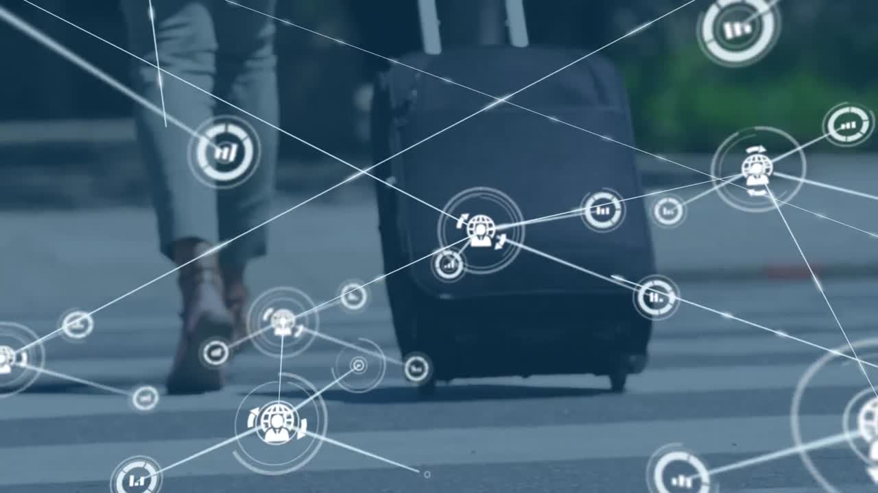 スーツケースを持った白人の女性の上にアイコンの接続ネットワークのアニメーション