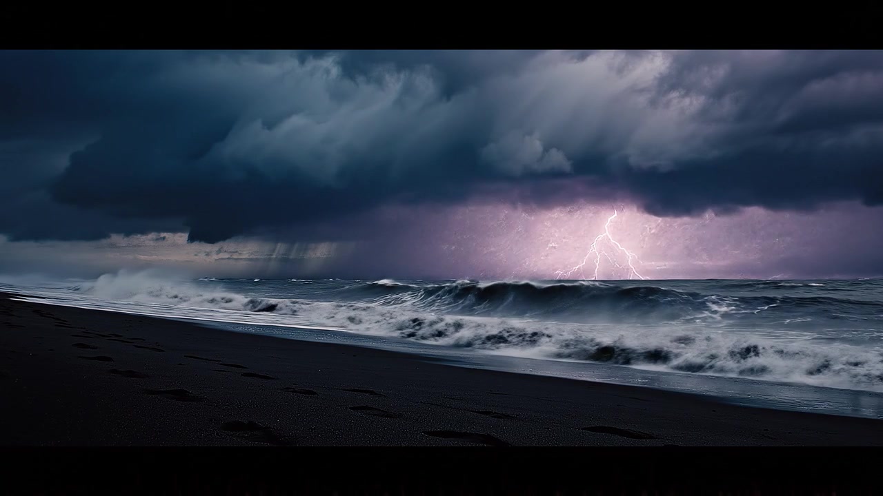 Onde oceaniche tempestose e drammatiche che si infrangono su una spiaggia di sabbia nera