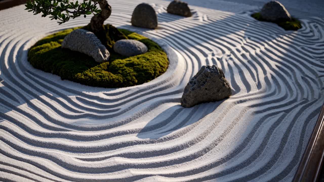 Zen garden with raked sand patterns, rocks, and moss, captured from a low angle