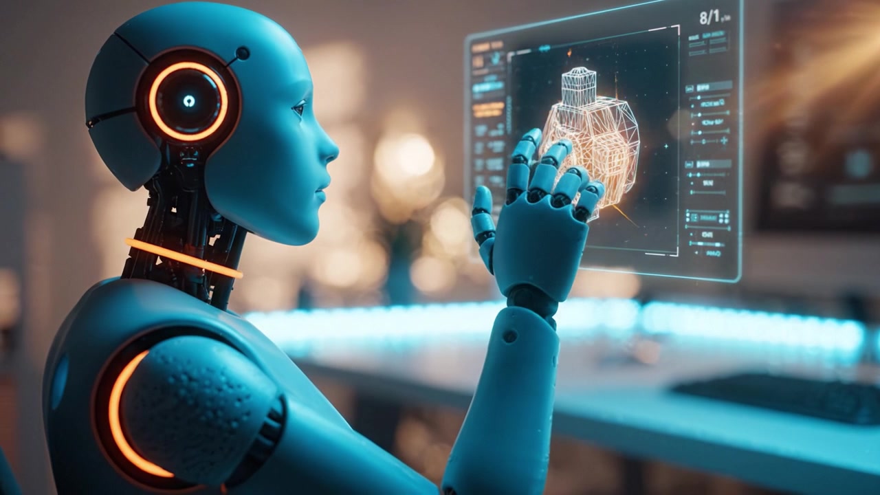 A futuristic robotic figure engaging with a holographic display, showcasing intricate mechanical designs and technology in a modern workspace environment.