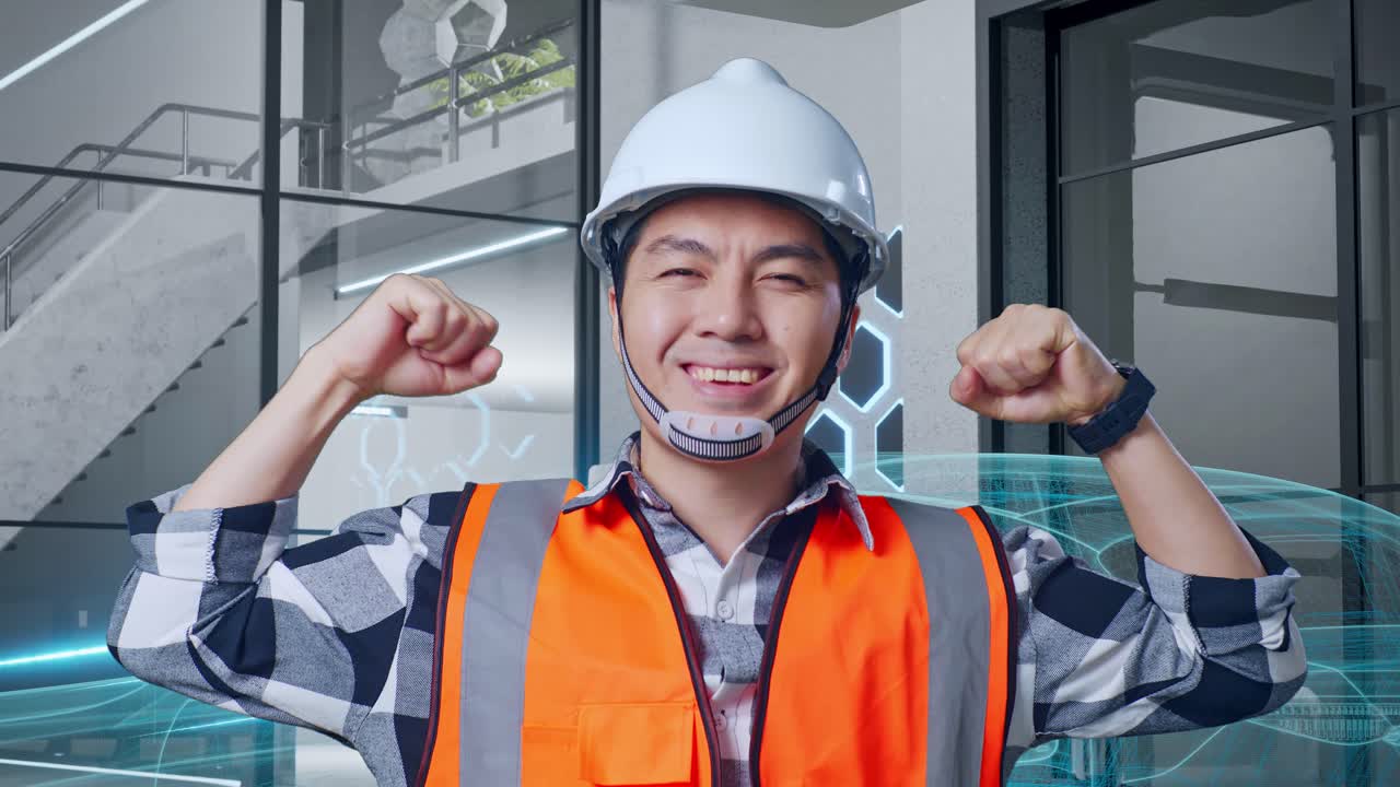 현대적 인 사무실 에서 행복 한 건설 노동자