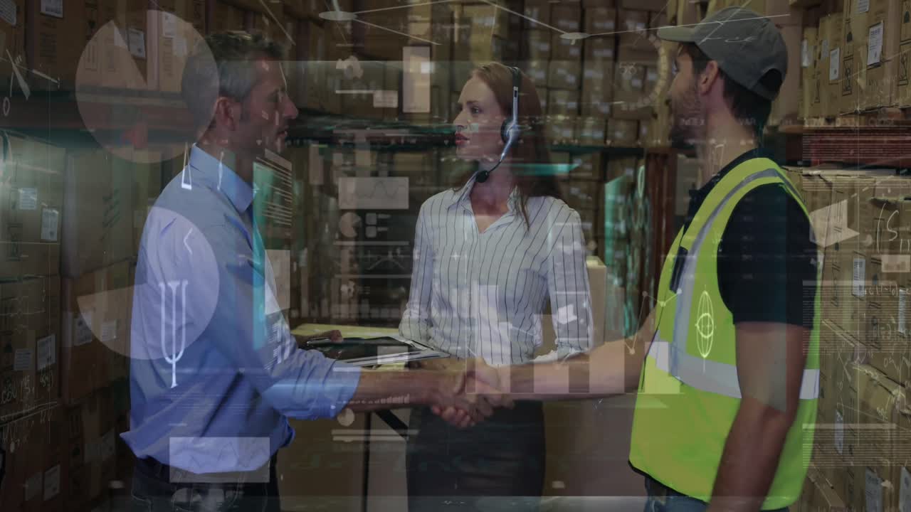 animación de gráficos y datos financieros sobre diversas trabajadoras y trabajadores de almacén