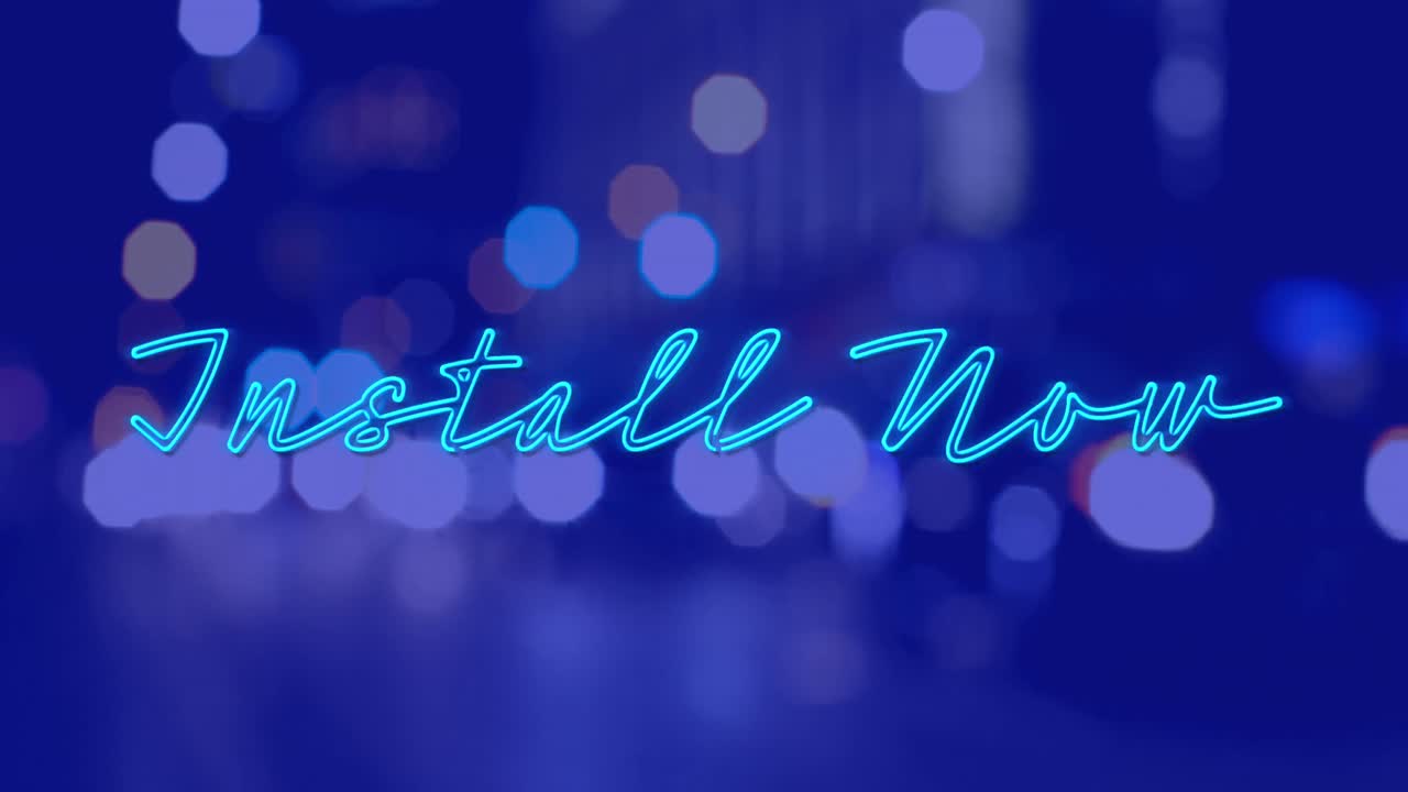 블루 배경에 밤에 도시 풍경 위에 지금 설치 텍스트의 애니메이션