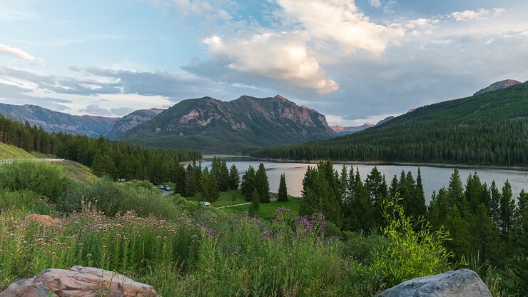 Hyalite Reservoir And Mountain Landscape At Sunset Near Bozeman In Montana