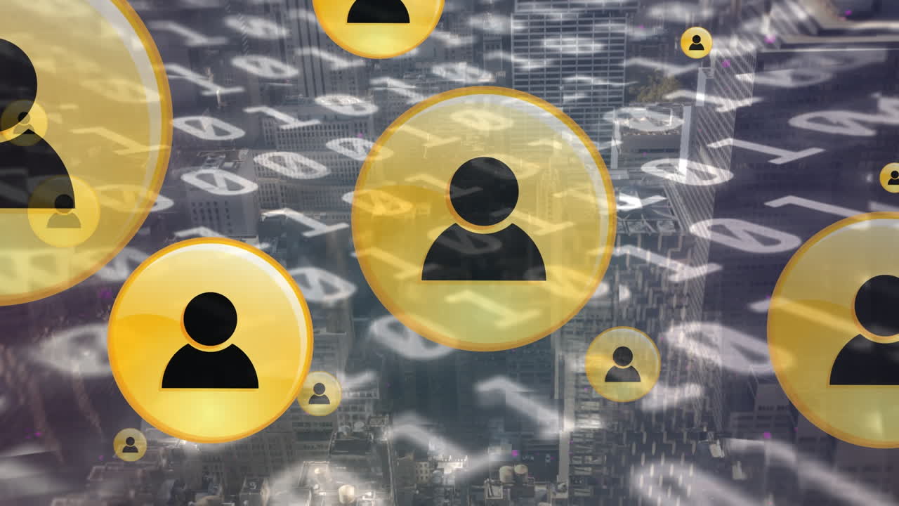 도시 풍경 위의 데이터 처리 및 미디어 아이콘의 애니메이션