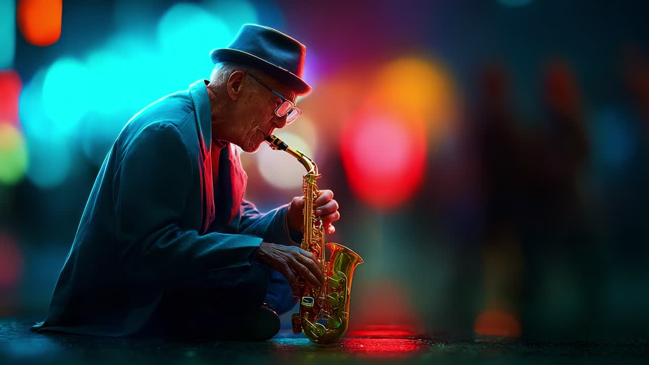 A soulful saxophonist captivates the night with expressive melodies, creating an enchanting atmosphere amid vibrant city lights, evoking deep emotions and a sense of nostalgia