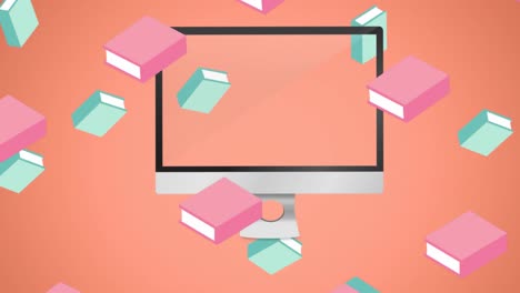 Animation-of-computer-monitor-and-book-icons-over-pink-background
