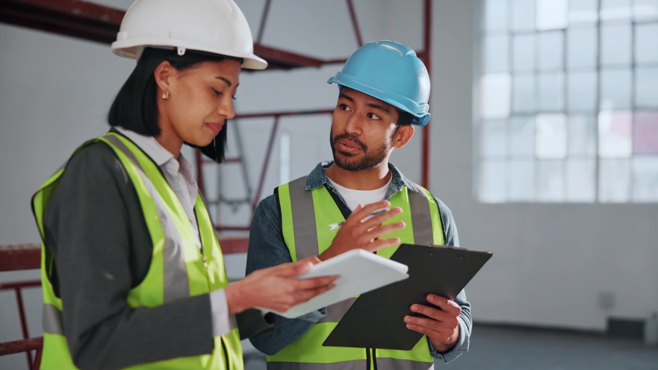 Gerentes de construção revisando planos de projeto em tablet e prancheta