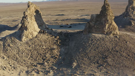 Smooth-Aerial-footage-of-Trona-Pinnacles-at-sunset-in-the-Californian-Desert