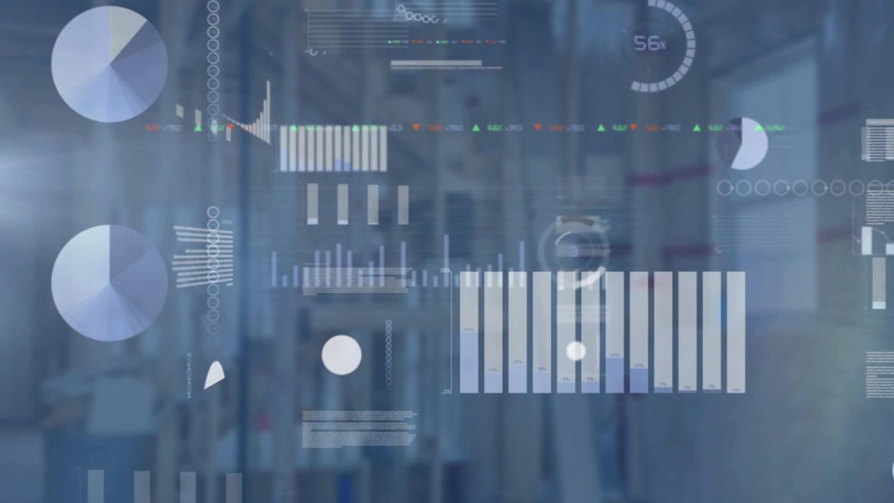 Animation of multiple graphs, data, loading circles with changing numbers over abstract background