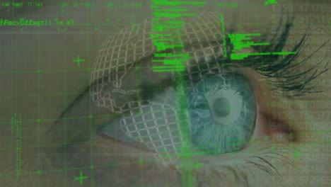 animation of globe and data processing over woman's eye in background