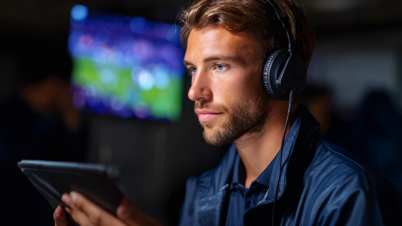 Pessoa concentrada usando fones de ouvido e interagindo atentamente com um tablet, imersa em uma experiência digital, possivelmente analisando ou curtindo conteúdo de vídeo, com visuais de um evento esportivo vagamente visíveis no plano de fundo
