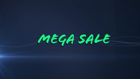 Animation-of-mega-sale-text-banner-over-light-trails-and-spots-against-blue-background