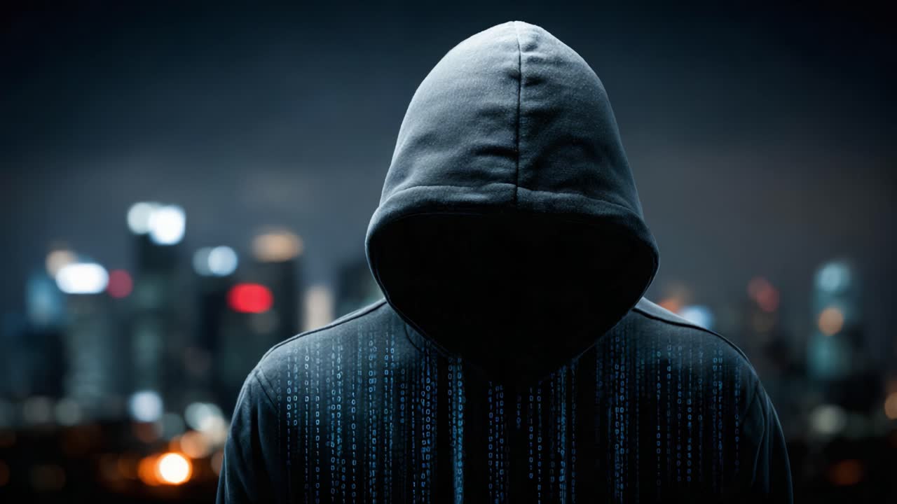 A mysterious figure cloaked in shadows stands against a backdrop of a city skyline, evoking themes of secrecy, technology, and the unknown in an urban environment