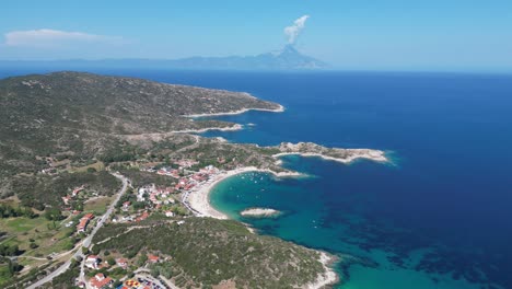 halkidiki coast, beaches and athos mountain view in sithonia, halkidiki, greece - aerial 4k