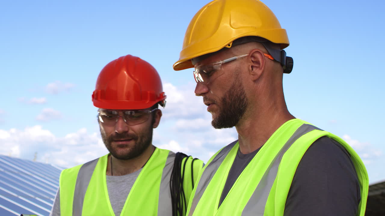 Construction Workers Discussing Solar Panel Maintenance