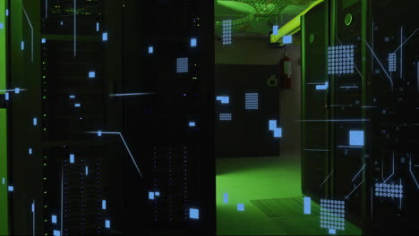 animation of digital data processing and circuit board over computer servers