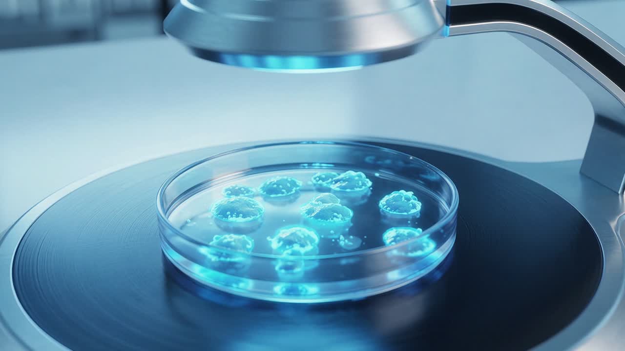 Glowing Blue Cells Multiplying in a Petri Dish in a Lab