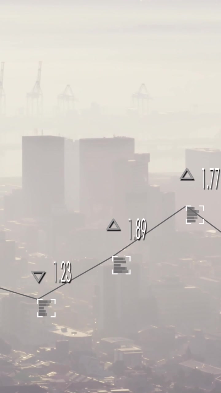Animazione di grafico con numeri che cambiano e mirini su paesaggio urbano moderno contro un cielo nuvoloso.